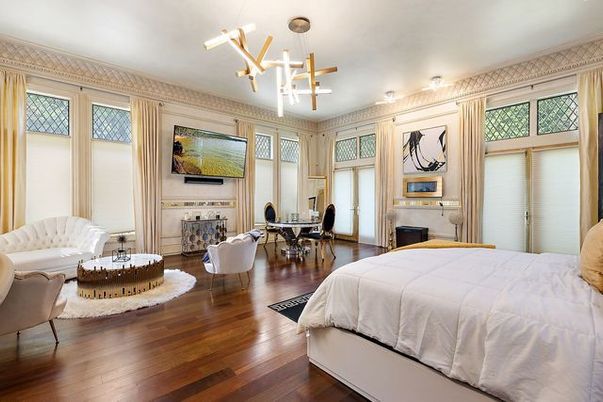 Bedroom, Fireplace, Interior, Pendant Lights, Wood Texture Flooring
