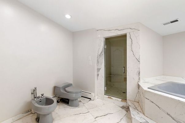 Bathroom, Glass Shower, Interior, Marble, Marble Walls, Recessed Lighting