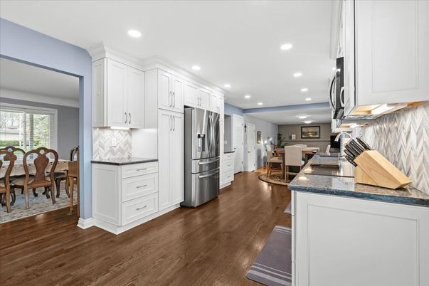Dining room, Interior, Kitchen, Recessed Lighting, Stainless Steel Appliances, Wood Texture Flooring