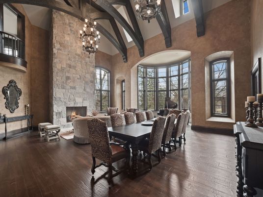 Chandelier, Dining room, Fireplace, Interior, Living room, Stone Walls, Wooden Beams, Wood Texture Flooring
