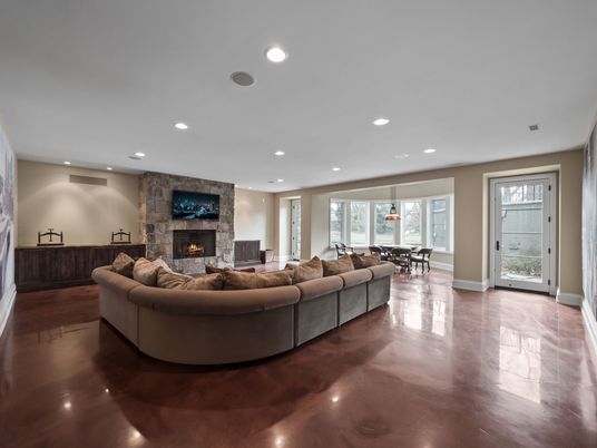 Dining room, Fireplace, Interior, Living room, Pendant Lights, Recessed Lighting, Stone Walls