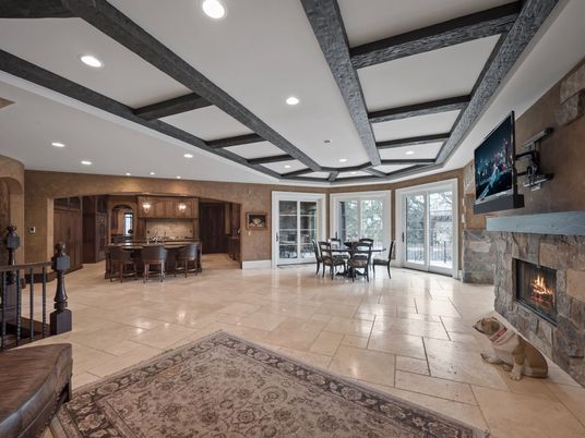 Dining room, Fireplace, Interior, Kitchen, Recessed Lighting, Wooden Beams
