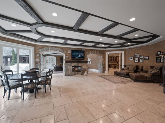 Dining room, Fireplace, Interior, Living room, Recessed Lighting, Wooden Beams