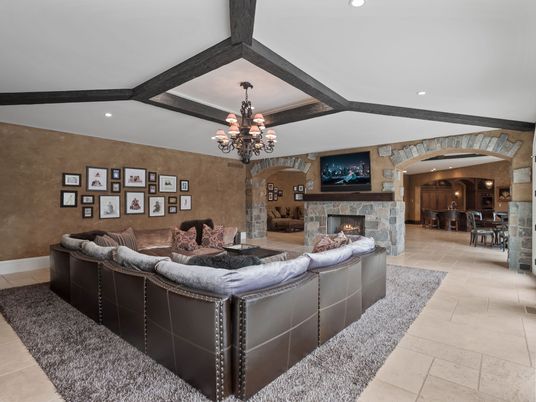 Chandelier, Fireplace, Interior, Living room, Recessed Lighting, Wooden Beams
