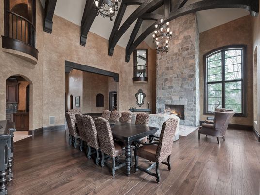 Chandelier, Dining room, Fireplace, Interior, Pendant Lights, Stone Walls, Wooden Beams, Wood Texture Flooring