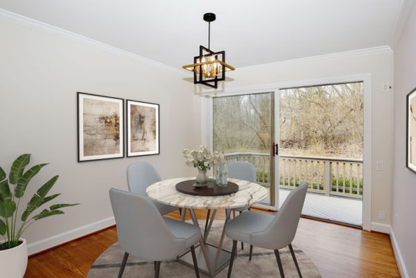 Dining room, Interior, Pendant Lights, Wood Texture Flooring