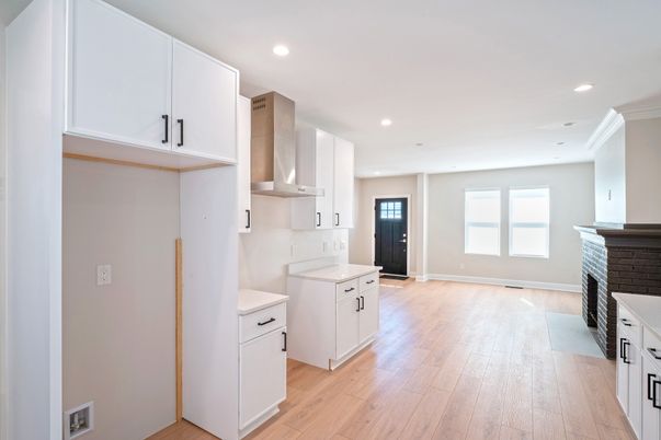 Fireplace, Interior, Kitchen, Recessed Lighting, Wood Texture Flooring