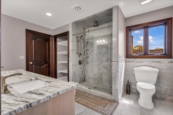 Bathroom, Glass Shower, Interior, Marble, Marble Walls, Recessed Lighting