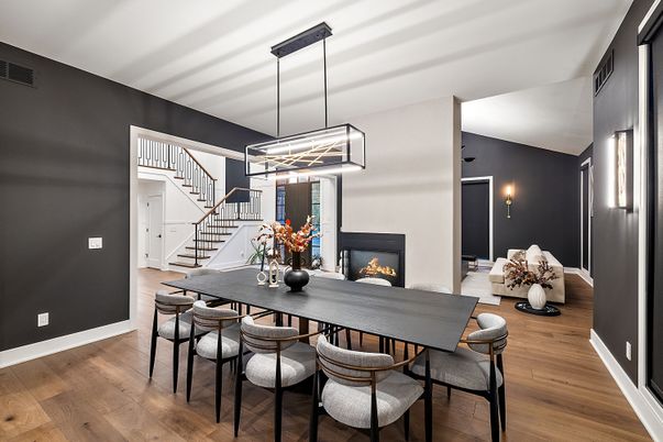 Dining room, Fireplace, Interior, Pendant Lights, Wood Texture Flooring