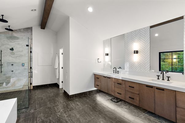Bathroom, Dual Sink Vanities, Glass Shower, Interior, Marble Walls, Recessed Lighting, Wooden Beams