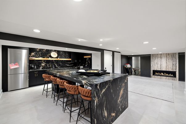 Fireplace, Interior, Kitchen, Marble Walls, Recessed Lighting