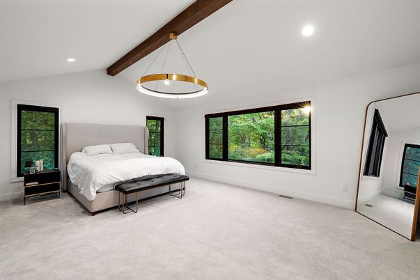 Bedroom, Interior, Pendant Lights, Recessed Lighting, Wooden Beams