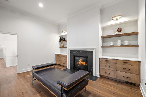 Fireplace, Interior, Recessed Lighting, Wood Texture Flooring