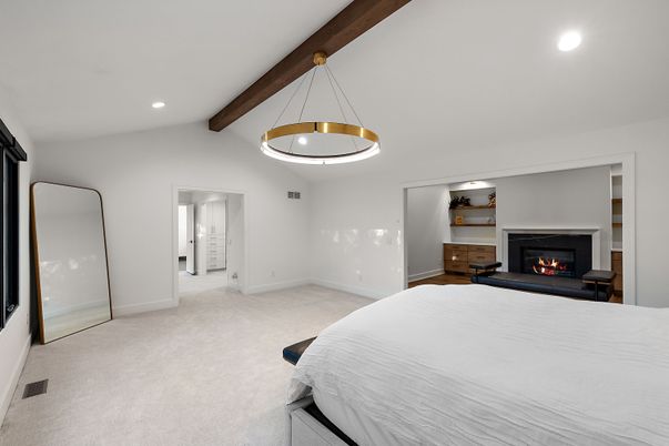 Bedroom, Fireplace, Interior, Pendant Lights, Recessed Lighting, Wooden Beams