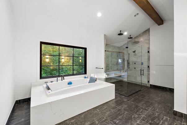 Bathroom, Glass Shower, Interior, Recessed Lighting, Wooden Beams