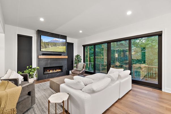 Fireplace, Interior, Living room, Recessed Lighting, Wood Texture Flooring