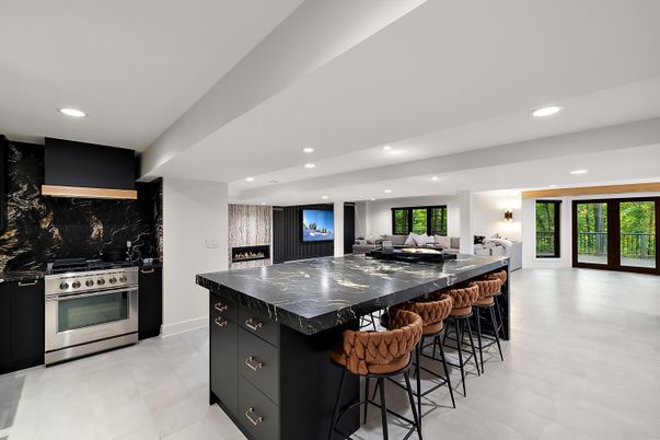 Interior, Kitchen, Marble Walls, Recessed Lighting, Stainless Steel Appliances