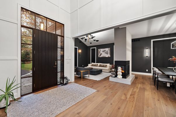 Fireplace, Interior, Living room, Pendant Lights, Wood Texture Flooring