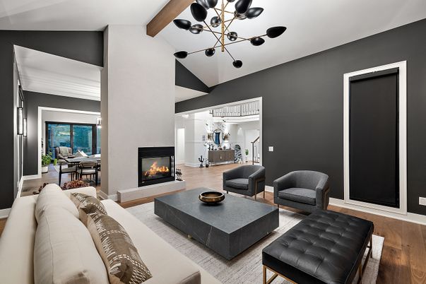 Dining room, Fireplace, Interior, Living room, Pendant Lights, Wooden Beams, Wood Texture Flooring