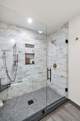 Bathroom, Glass Shower, Interior, Marble Walls, Recessed Lighting