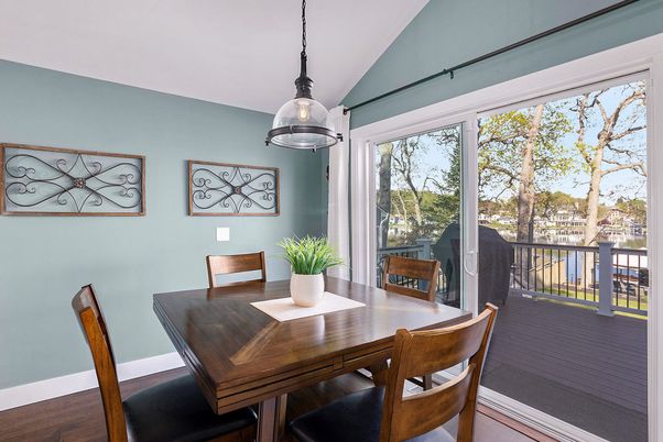Dining room, Interior, Pendant Lights, Wood Texture Flooring