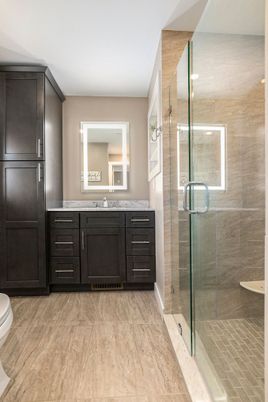 Bathroom, Dual Sink Vanities, Glass Shower, Interior, Recessed Lighting, Wood Texture Flooring
