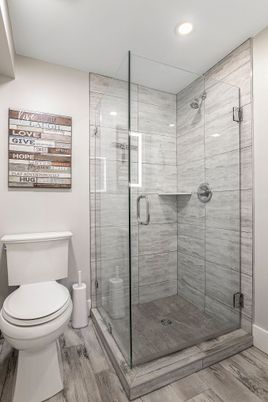 Bathroom, Glass Shower, Interior, Recessed Lighting, Wood Texture Flooring