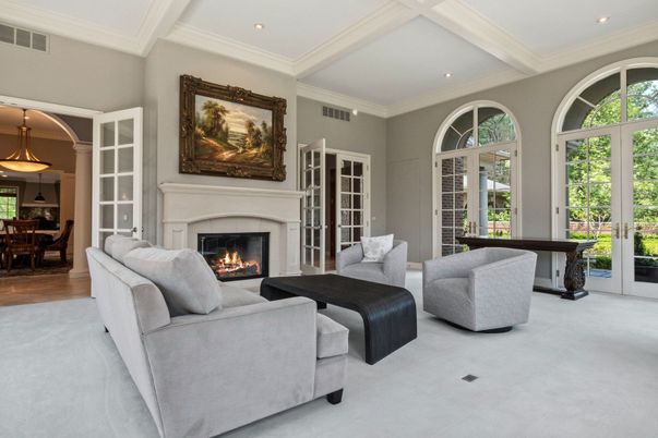 Dining room, Fireplace, Interior, Living room, Pendant Lights, Recessed Lighting