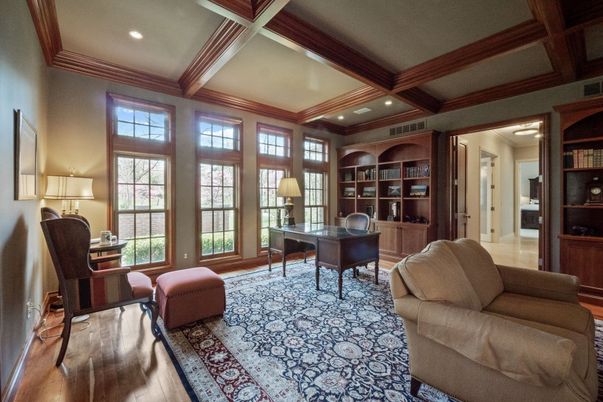 Home Office, Interior, Recessed Lighting, Wooden Beams, Wood Texture Flooring