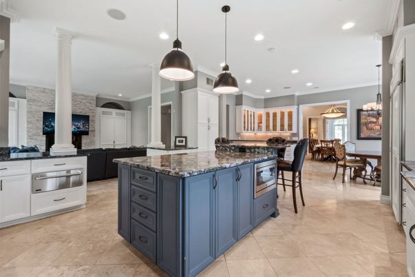 Dining room, Fireplace, Interior, Kitchen, Living room, Pendant Lights, Recessed Lighting, Stone Walls