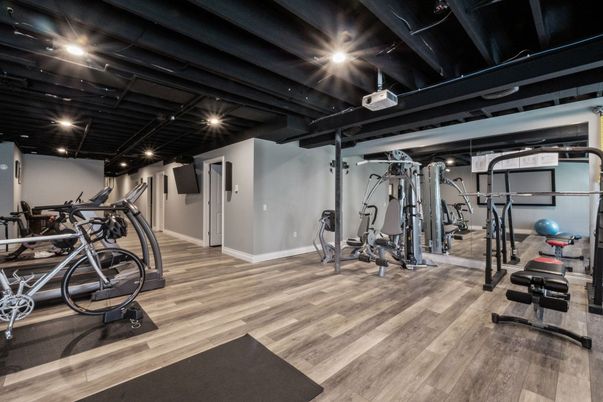 Fitness Equipment, Gym, Interior, Recessed Lighting, Wood Texture Flooring