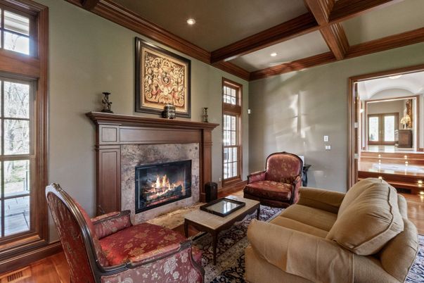 Fireplace, Interior, Living room, Recessed Lighting, Wooden Beams, Wood Texture Flooring