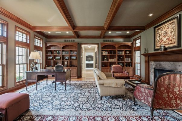 Fireplace, Home Office, Interior, Recessed Lighting, Wooden Beams, Wood Texture Flooring