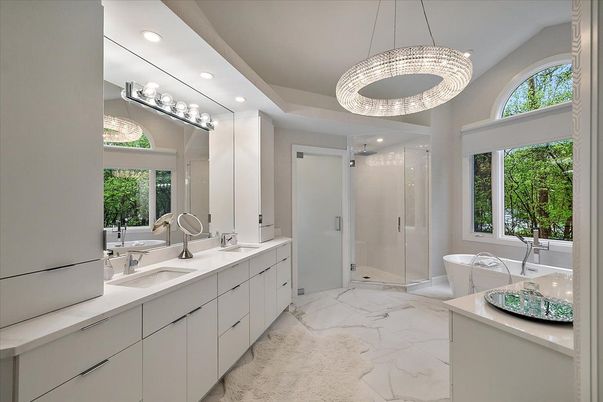 Bathroom, Dual Sink Vanities, Glass Shower, Interior, Marble, Pendant Lights, Recessed Lighting