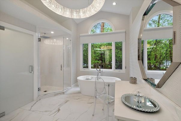 Bathroom, Free Standing Baths, Glass Shower, Interior, Marble, Recessed Lighting