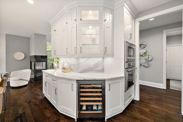 Fireplace, Interior, Kitchen, Recessed Lighting, Stainless Steel Appliances, Wood Texture Flooring
