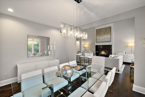 Dining room, Fireplace, Interior, Living room, Pendant Lights, Recessed Lighting, Wood Texture Flooring