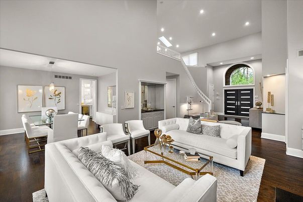 Dining room, Interior, Living room, Pendant Lights, Recessed Lighting, Wood Texture Flooring