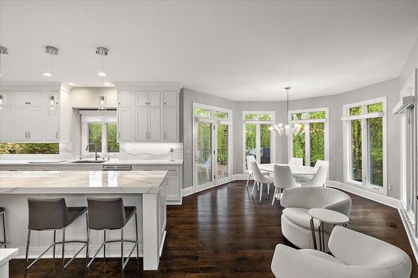 Dining room, Interior, Kitchen, Pendant Lights, Recessed Lighting, Wood Texture Flooring