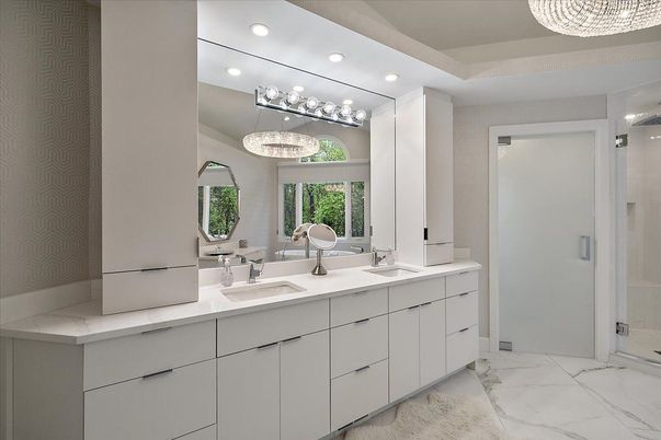 Bathroom, Dual Sink Vanities, Interior, Marble, Recessed Lighting