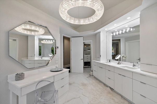 Bathroom, Dual Sink Vanities, Interior, Marble, Recessed Lighting