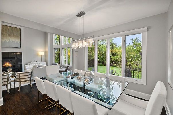 Chandelier, Dining room, Fireplace, Interior, Living room, Pendant Lights, Wood Texture Flooring