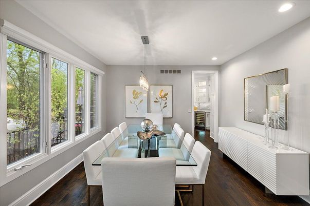 Dining room, Interior, Pendant Lights, Recessed Lighting, Wood Texture Flooring