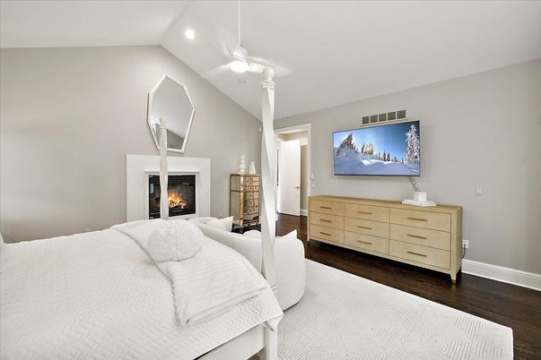 Bedroom, Fireplace, Interior, Recessed Lighting, Wood Texture Flooring