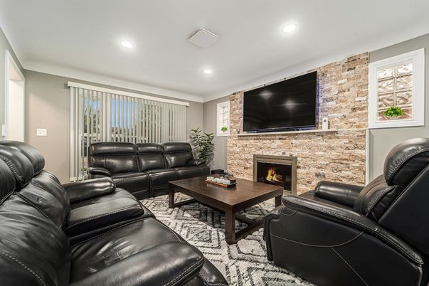 Fireplace, Interior, Living room, Recessed Lighting, Stone Walls