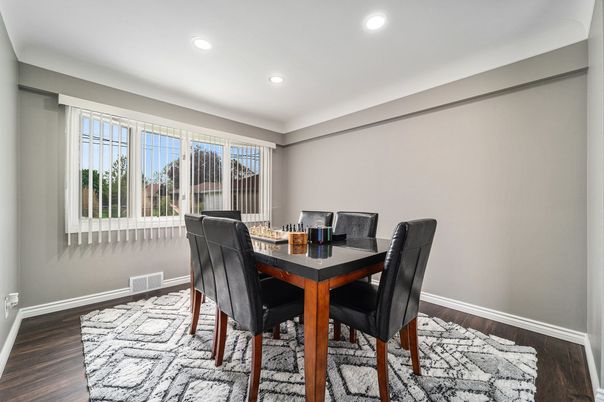 Dining room, Interior, Recessed Lighting, Wood Texture Flooring