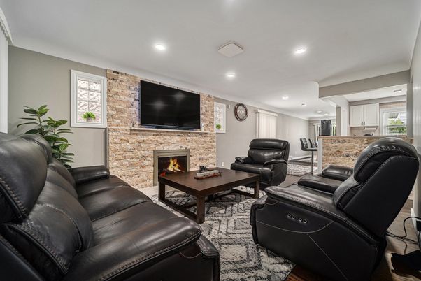Fireplace, Interior, Living room, Recessed Lighting, Stone Walls