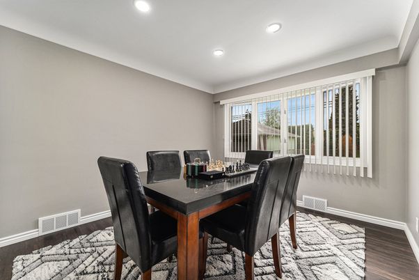 Dining room, Interior, Recessed Lighting, Wood Texture Flooring