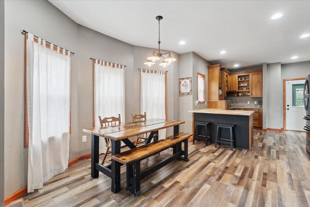 Dining room, Interior, Kitchen, Pendant Lights, Recessed Lighting, Wood Texture Flooring