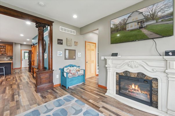 Fireplace, Interior, Recessed Lighting, Wood Texture Flooring